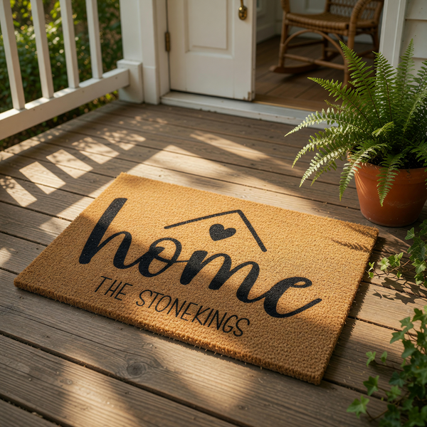 Personalized family name coir doormat featuring a home design with a heart icon, this custom outdoor welcome mat is a durable natural fiber floor rug for your front porch entry, housewarming decor, or a stylish new home entrance.