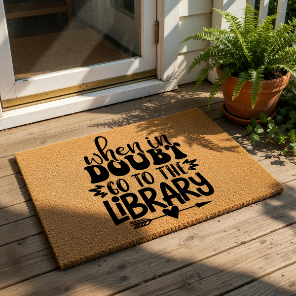 When in Doubt Go to the Library coir doormat featuring black typography on a natural fiber welcome mat, placed on a front porch by a door with a potted fern, perfect for book lovers and home entryway decor for readers and library