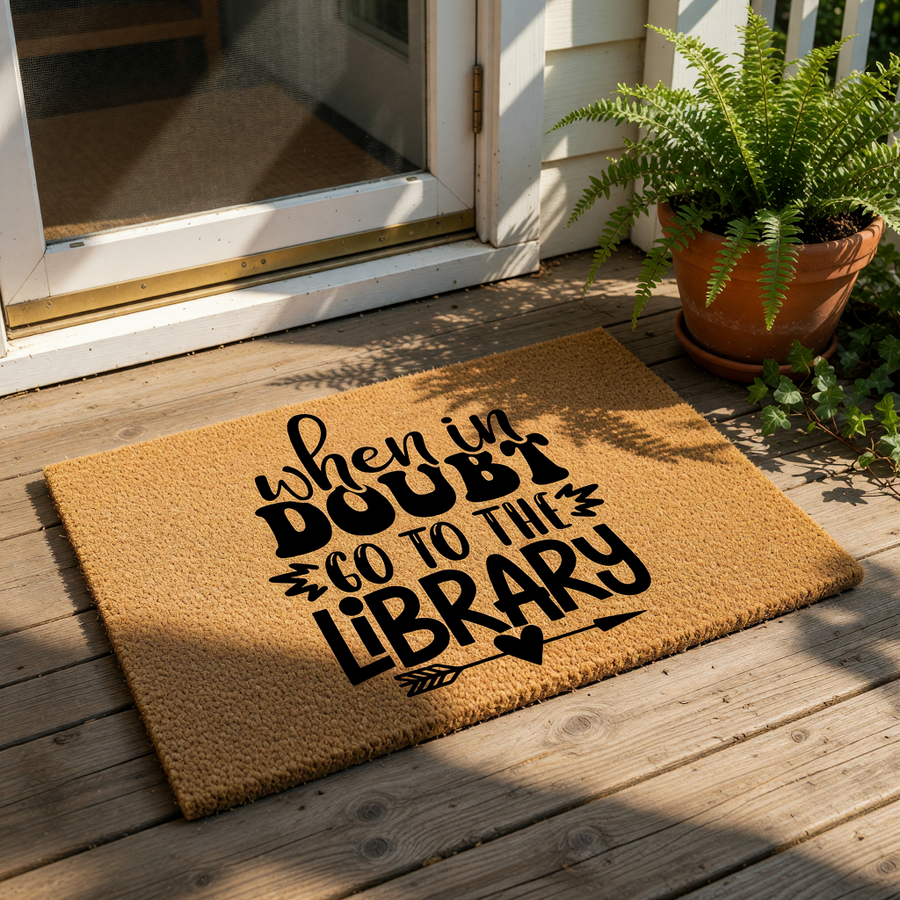 When in Doubt Go to the Library coir doormat featuring black typography on a natural fiber welcome mat, placed on a front porch by a door with a potted fern, perfect for book lovers and home entryway decor for readers and library