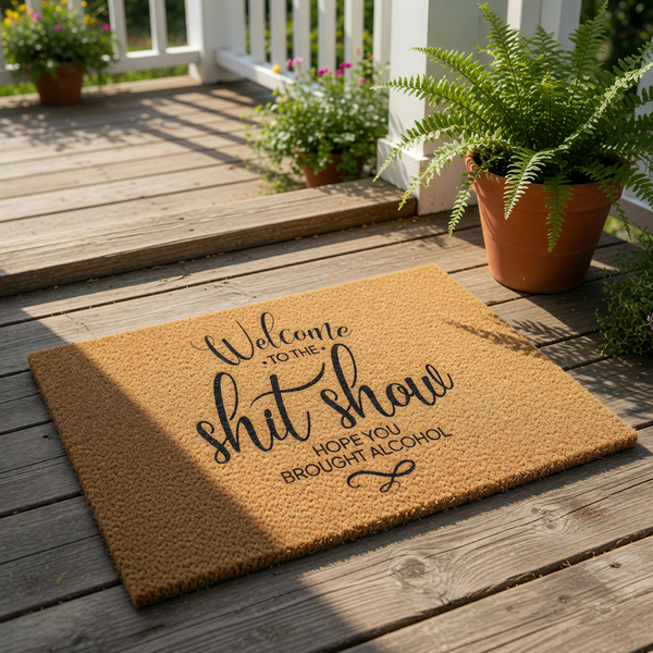 Funny welcome to the shit show doormat with a natural coir fiber texture, featuring bold black typography that reads hope you brought alcohol, making this a humorous outdoor entrance rug for your front porch or home entryway
