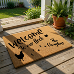 Personalized chicken welcome doormat featuring a cute hen graphic and flock footprints, this custom coir entry rug makes a farmhouse style front porch decor piece for any family home looking for a rustic outdoor welcome mat