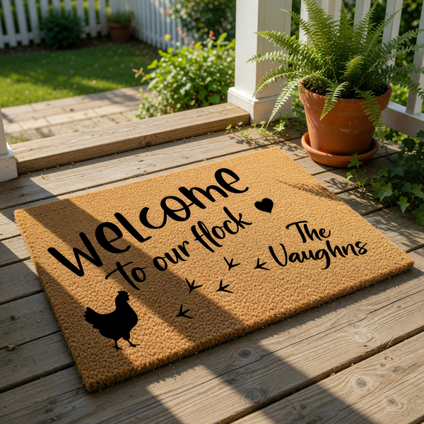 Personalized chicken welcome doormat featuring a cute hen graphic and flock footprints, this custom coir entry rug makes a farmhouse style front porch decor piece for any family home looking for a rustic outdoor welcome mat