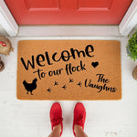Personalized chicken welcome doormat for farm house decor, featuring a cute hen silhouette and flock footprints on natural coir fiber.