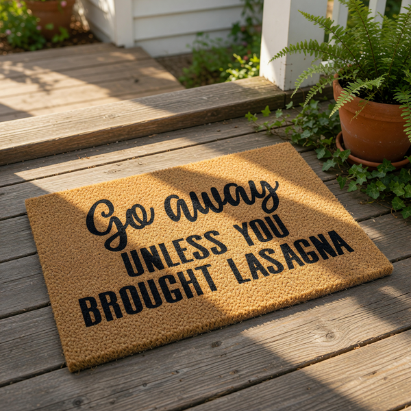 Funny Go Away Unless You Brought Lasagna coir doormat for front porch entry, featuring bold black text on a natural brown fiber welcome mat that serves as a humorous housewarming decor piece for food lovers and home entrance.