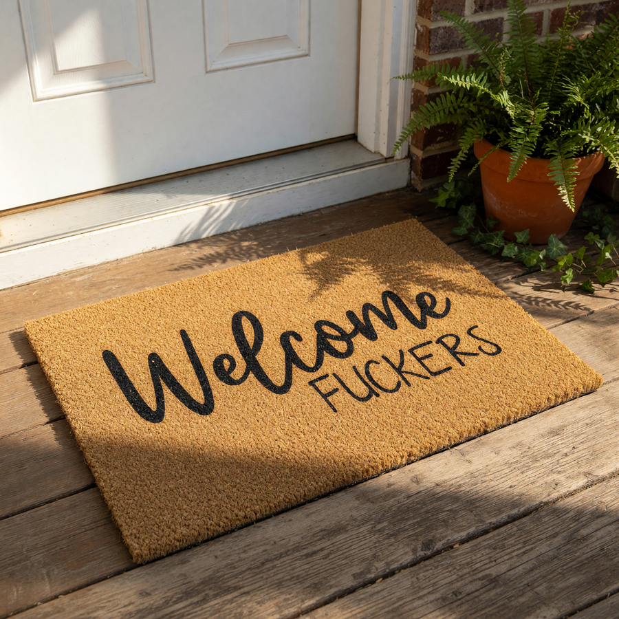 Funny Welcome Fuckers doormat made of natural coir fiber with a durable backing, featuring bold black typography for a rude front porch rug or entryway mat that adds a humorous touch to your home decor and outdoor entrance.