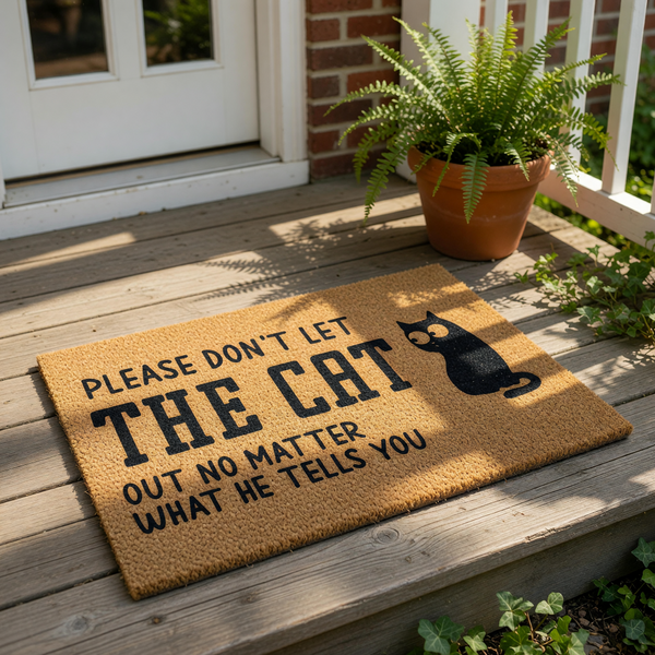 Funny cat doormat for front porch entry, featuring a black cat illustration and text that reads Please Don't Let The Cat Out No Matter What He Tells You, this natural fiber welcome mat is a humorous home decor piece for pet