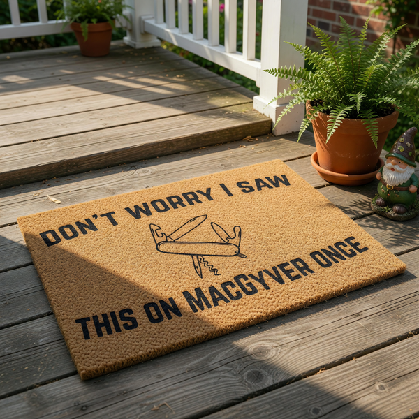 Funny multi-tool doormat with a humorous quote about a classic action hero show, featuring a durable coir fiber welcome mat design that is perfect for a front porch, entryway, or garage entrance for any fan of clever DIY problem