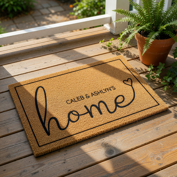 Personalized family name coir doormat featuring a script home design with a heart accent, perfect as a custom housewarming entry rug or front porch welcome mat for new homeowners looking for durable outdoor floor decor.