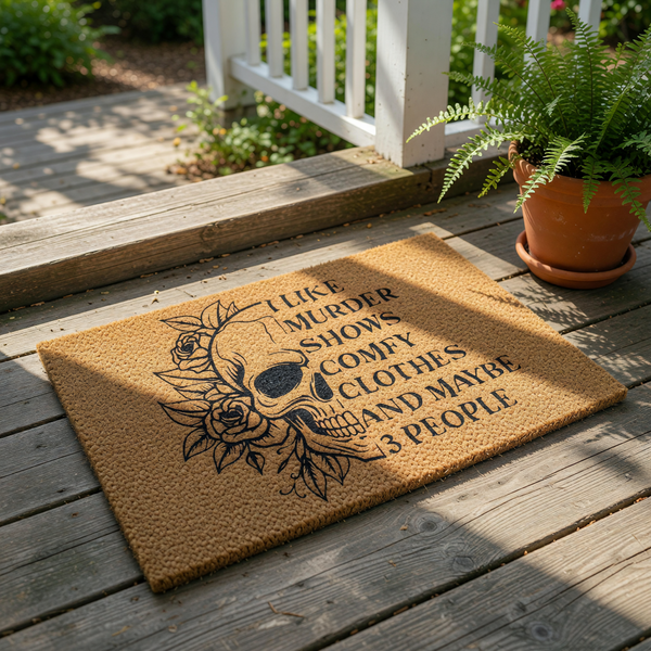 Skull and rose doormat featuring funny text about murder shows and comfy clothes, this natural coir fiber welcome mat is a humorous front porch decor piece for true crime fans who enjoy a dark and gothic home entry design style.