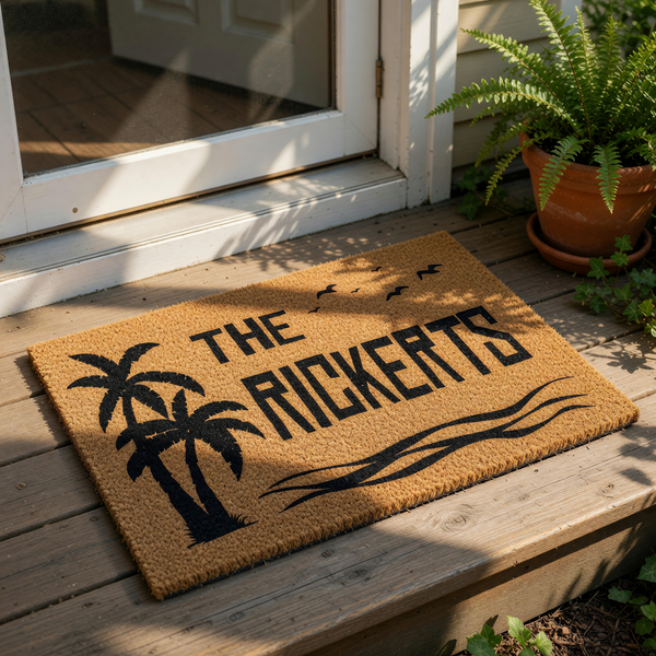 Personalized tropical palm tree doormat featuring a beach theme with black silhouettes of palm trees, ocean waves, and birds on a natural coir welcome mat, perfect for a custom family name outdoor entrance or coastal home decor.