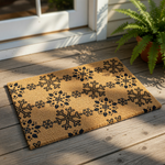 Winter snowflake doormat featuring a natural coir fiber texture with a repeating black snowflake pattern, perfect for a festive holiday front porch welcome mat or seasonal outdoor entryway decor for your home during the cold