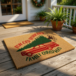 Fun Old Fashioned Family Christmas doormat featuring a red station wagon carrying a pine tree, this festive holiday welcome mat is made of natural coir fiber and is a funny seasonal front porch decor piece for your home entrance.