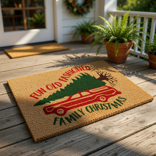 Fun Old Fashioned Family Christmas doormat featuring a red station wagon carrying a pine tree, this festive holiday welcome mat is made of natural coir fiber and is a funny seasonal front porch decor piece for your home entrance.