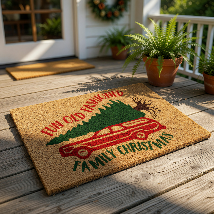 Fun Old Fashioned Family Christmas doormat featuring a red station wagon carrying a pine tree, this festive holiday welcome mat is made of natural coir fiber and is a funny seasonal front porch decor piece for your home entrance.