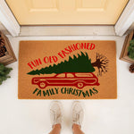Fun Old Fashioned Family Christmas doormat featuring a red station wagon carrying a pine tree, this natural coir welcome mat is a festive holiday porch decor piece for your front door entrance during the winter season.