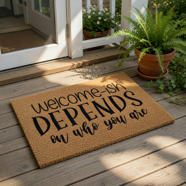Funny welcome-ish doormat with black text that reads depends on who you are, featuring a natural coir fiber texture for a front porch entry rug that makes a humorous housewarming gift for a new home or apartment entrance.