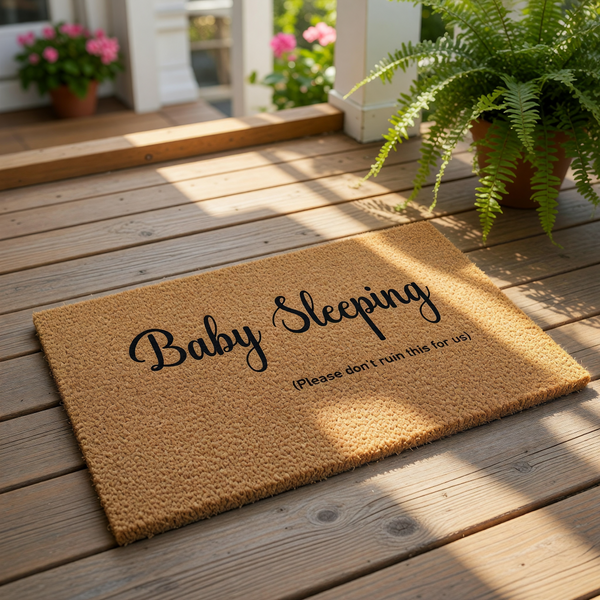 Baby Sleeping doormat with funny text, a natural coir fiber welcome mat for front porch entryways that features bold black lettering to alert visitors to keep quiet for a sleeping newborn or infant inside the home.