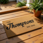 Personalized family name coir doormat featuring custom text and established year, this durable natural fiber welcome mat is a stylish housewarming decor piece for your front porch entry, home entrance, or outdoor door mat area.