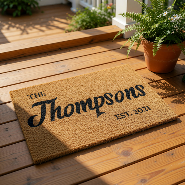 Personalized family name coir doormat featuring custom text and established year, this durable natural fiber welcome mat is a stylish housewarming decor piece for your front porch entry, home entrance, or outdoor door mat area.