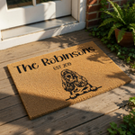 Personalized Cocker Spaniel doormat featuring a custom family name and established year on durable coir fiber, making this dog breed welcome mat a perfect housewarming decor piece for any pet lover home entrance or front porch.