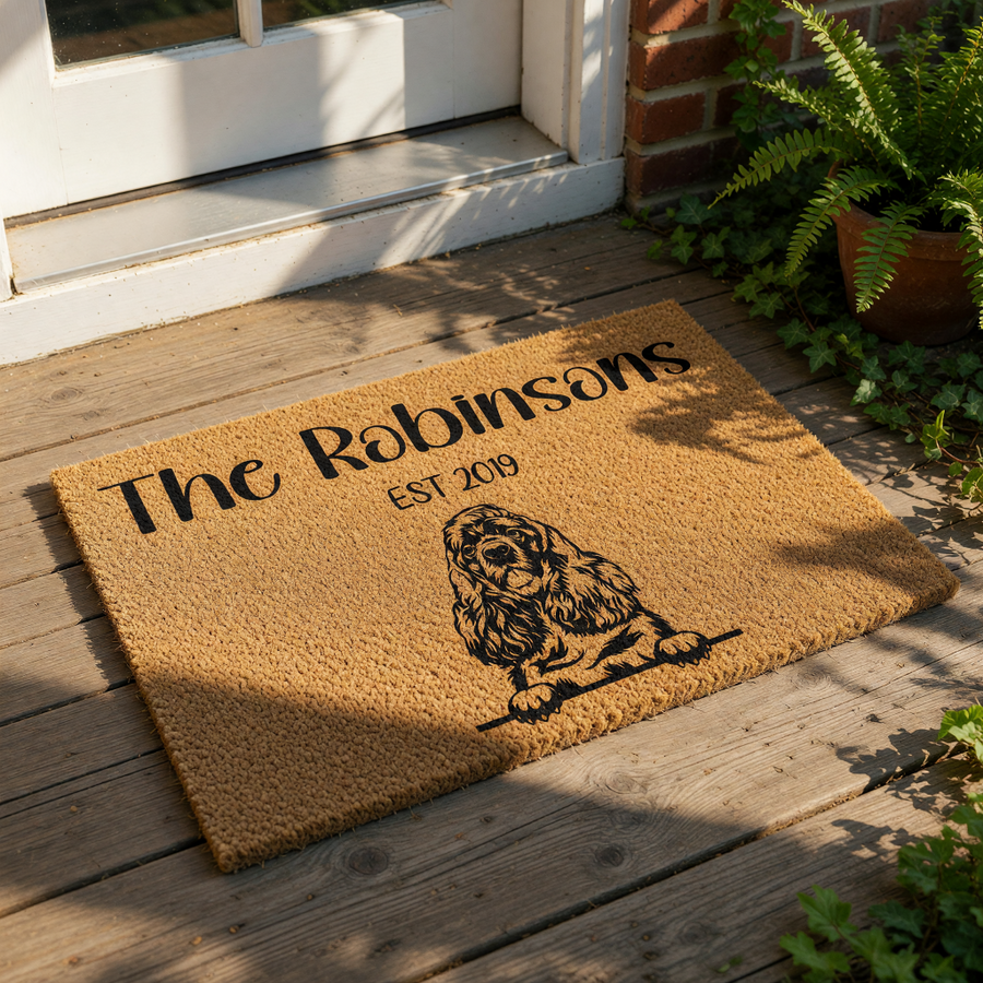 Personalized Cocker Spaniel doormat featuring a custom family name and established year on durable coir fiber, making this dog breed welcome mat a perfect housewarming decor piece for any pet lover home entrance or front porch.