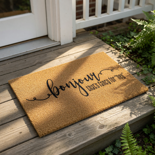 Funny welcome doormat with a natural coir texture featuring the text bonjour that is fancy for hey in black script and sans-serif font, making this a stylish outdoor entry rug for a front porch or home entryway decor.