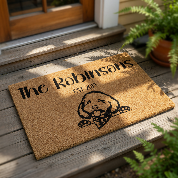 Personalized family name doormat featuring a cute doodle dog illustration, this custom coir welcome mat is a durable outdoor floor rug for pet lovers, perfect for housewarming decor with a custom last name and established year