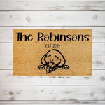 Personalized dog breed doormat featuring a cute doodle illustration on natural coir fiber, this custom family name welcome mat is a durable outdoor floor rug for pet lovers that adds a charming touch to any front porch entryway.
