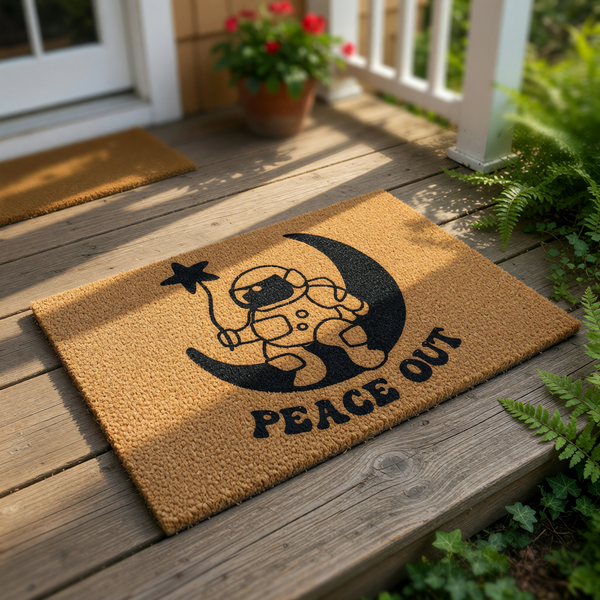 Astronaut space themed doormat featuring a cute space explorer sitting on a crescent moon holding a star, with the text Peace Out printed on a natural coir fiber welcome mat for a fun front porch entry decor and home entrance.