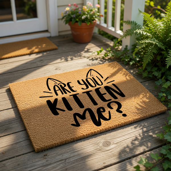Funny cat doormat with the text Are You Kitten Me, featuring cute feline ear illustrations on a natural coir fiber welcome mat, perfect for cat lovers and home entryways looking for humorous, pun-filled outdoor floor decor.
