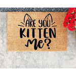 Funny cat lover doormat with Are You Kitten Me text and cat ears design, this natural coir fiber welcome mat is a humorous front porch decor piece for cat owners and makes a great housewarming entry rug for any home entrance.