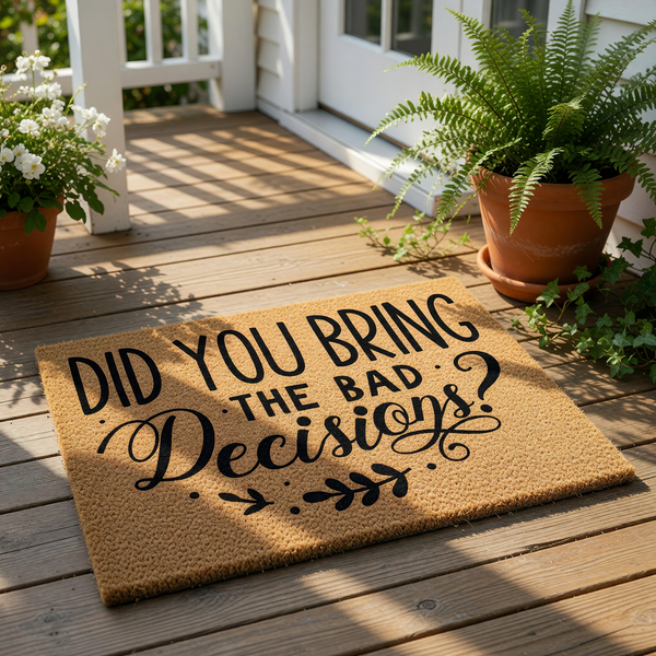Funny doormat with the text Did You Bring The Bad Decisions, a natural coir fiber welcome mat for your front porch entry, featuring bold black typography and decorative leaf accents for a humorous home decor housewarming gift.