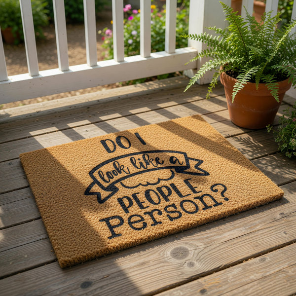 Funny Do I Look Like A People Person doormat made of natural coir fiber, featuring bold black text on a rustic wood porch, perfect as a sarcastic welcome mat for your front door entry or a humorous housewarming gift for