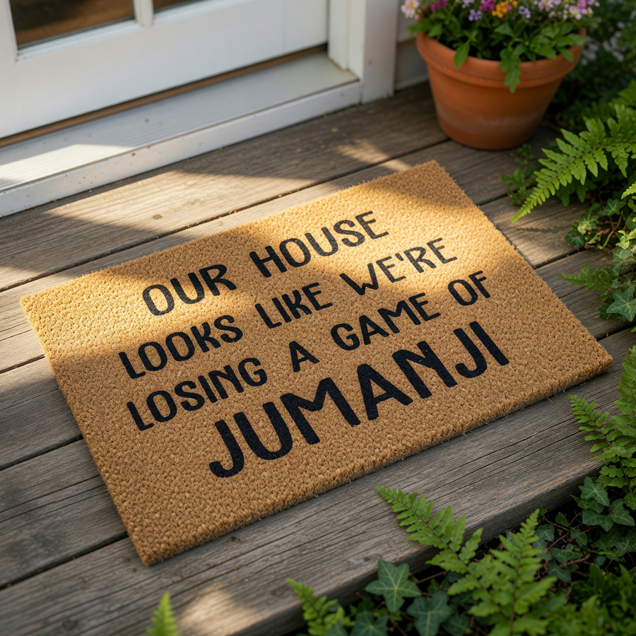 Funny coir doormat with black text reading Our House Looks Like We Are Losing A Game Of, featuring a durable natural fiber welcome mat for front porch entryways that adds a humorous touch to your home decor and outdoor floor mat