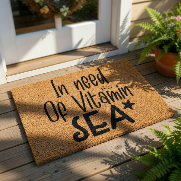 In need of Vitamin SEA coir doormat with a beach theme, this natural fiber welcome mat features black typography and a star icon, making it a fun coastal home decor piece for your front porch, entryway, or outdoor patio floor.