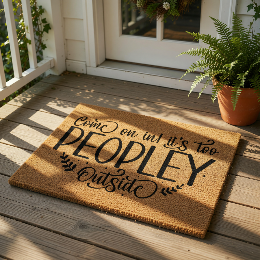 Funny coir doormat with black text reading Come on in it is too peopley outside, this natural fiber welcome mat is a humorous front porch decor piece for your home entrance, perfect for housewarming or a quirky entryway floor rug.
