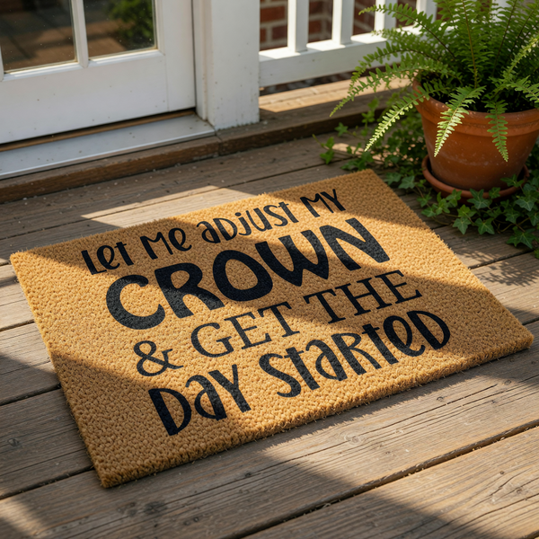 Funny quote doormat with Let Me Adjust My Crown and Get The Day Started text, a natural coir fiber welcome mat for front porch decor that adds a stylish and humorous touch to your home entryway and outdoor floor mat collection.