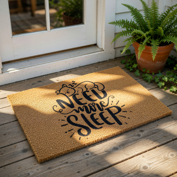 Need More Sleep cat doormat on a porch, featuring a natural coir welcome mat with a sleeping kitten illustration and funny typography, perfect for a front door entrance or as a humorous housewarming decor piece for cat lovers.