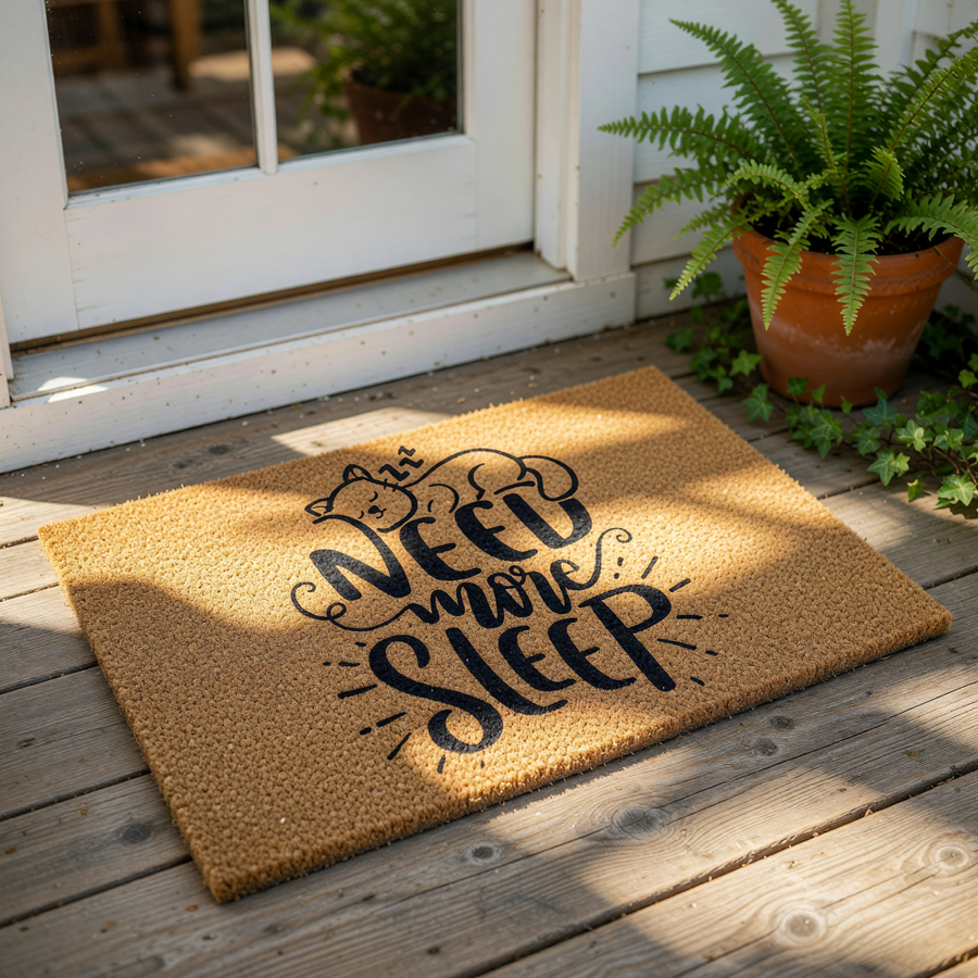 Need More Sleep cat doormat on a porch, featuring a natural coir welcome mat with a sleeping kitten illustration and funny typography, perfect for a front door entrance or as a humorous housewarming decor piece for cat lovers.