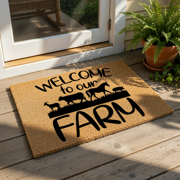 Farm welcome doormat featuring a rustic coir texture with black silhouette graphics of a goat, cow, horse, and pig, making this farmhouse entry rug a charming addition to your front porch decor for any country home entrance.
