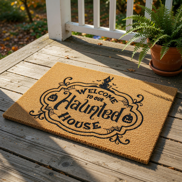 Haunted house welcome doormat featuring a spooky mansion, spider webs, and jack-o-lantern pumpkins on a natural coir fiber mat, perfect for fall porch decor and outdoor Halloween entryway floor mats for your home front door