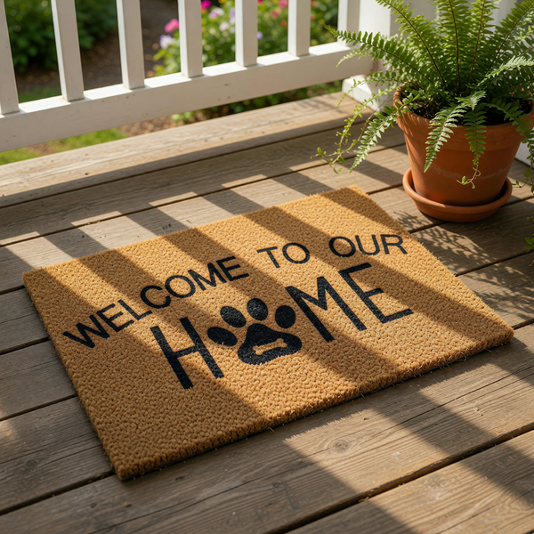 Dog paw print welcome doormat for pet lovers, featuring natural coir fiber material with black text that reads Welcome to our Home, making a cute front porch rug or entryway floor mat for any dog owner or animal house decor.