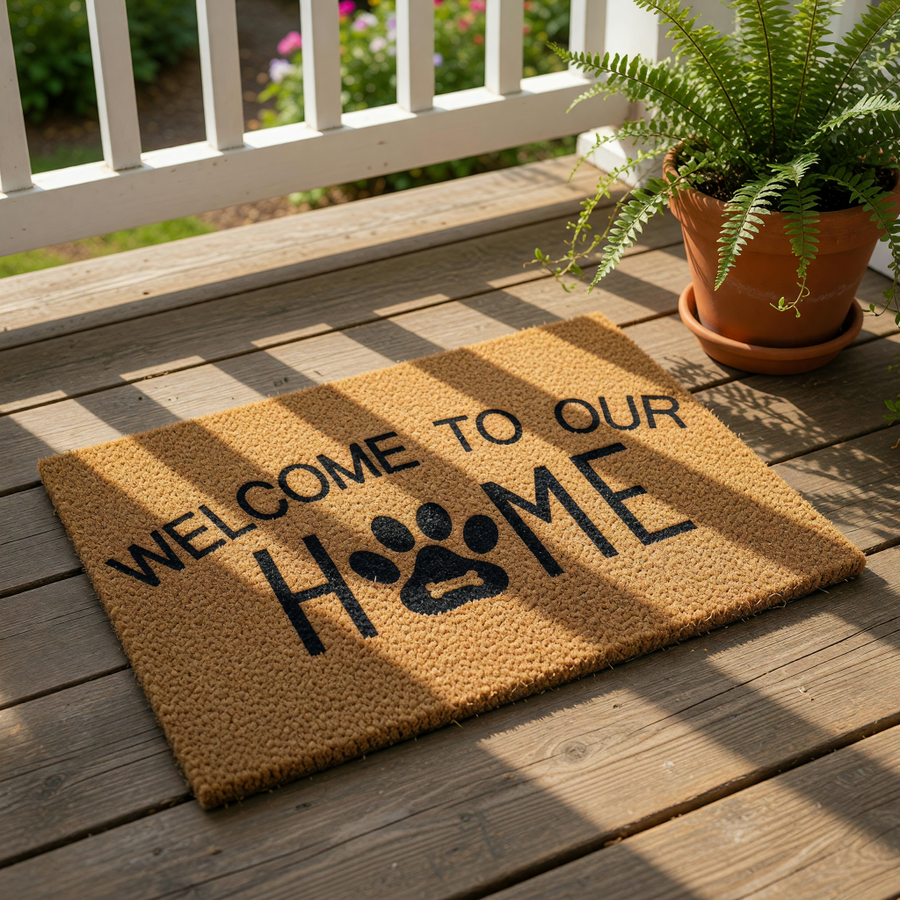 Dog paw print welcome doormat for pet lovers, featuring natural coir fiber material with black text that reads Welcome to our Home, making a cute front porch rug or entryway floor mat for any dog owner or animal house decor.