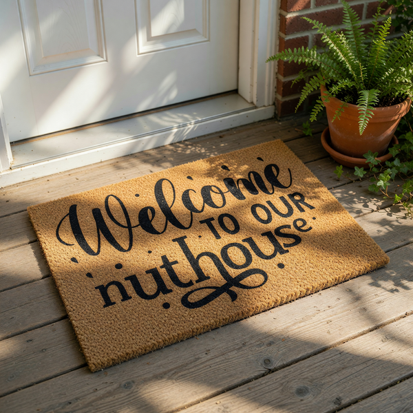 Funny Welcome To Our Nuthouse doormat made of natural coir fiber with black script lettering, this humorous front porch welcome mat is a durable outdoor rug for your home entrance that adds a playful touch to your entryway decor.