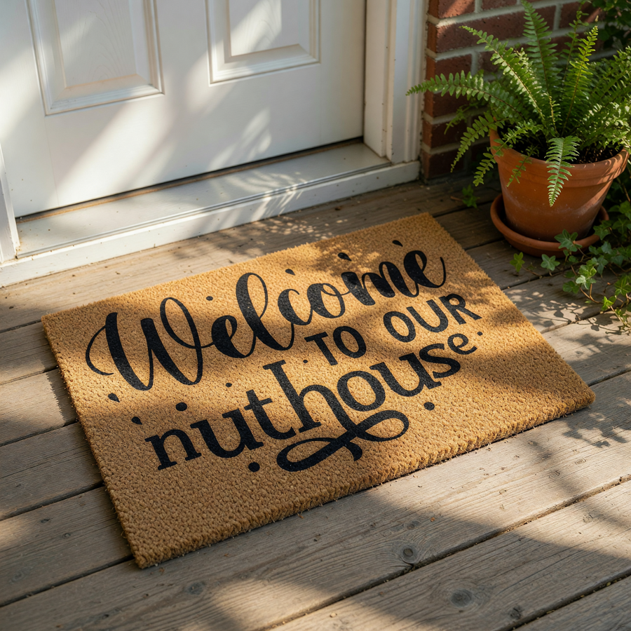 Funny Welcome To Our Nuthouse doormat made of natural coir fiber with black script lettering, this humorous front porch welcome mat is a durable outdoor rug for your home entrance that adds a playful touch to your entryway decor.