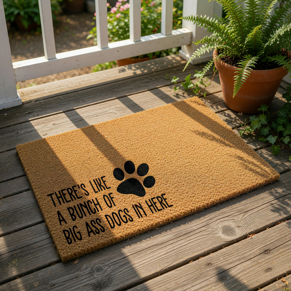 Funny dog doormat with a paw print design and text that reads there is like a bunch of big ass dogs in here, featuring a natural coir fiber texture for a rustic front porch welcome mat that is perfect for any dog lover home