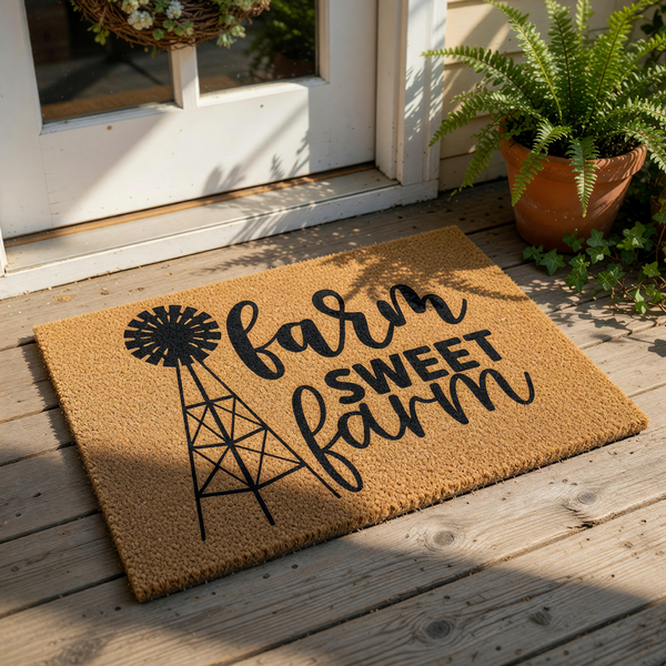 Farm Sweet Farm coir doormat featuring a black windmill graphic and rustic farmhouse typography, this natural fiber welcome mat is a stylish outdoor floor rug for your front porch entry or country home decor entryway.