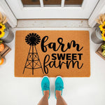Farm Sweet Farm windmill doormat featuring rustic farmhouse decor style on a natural coir welcome mat, perfect for a front porch entrance with a country home design that adds a cozy touch to your outdoor entryway floor decor.