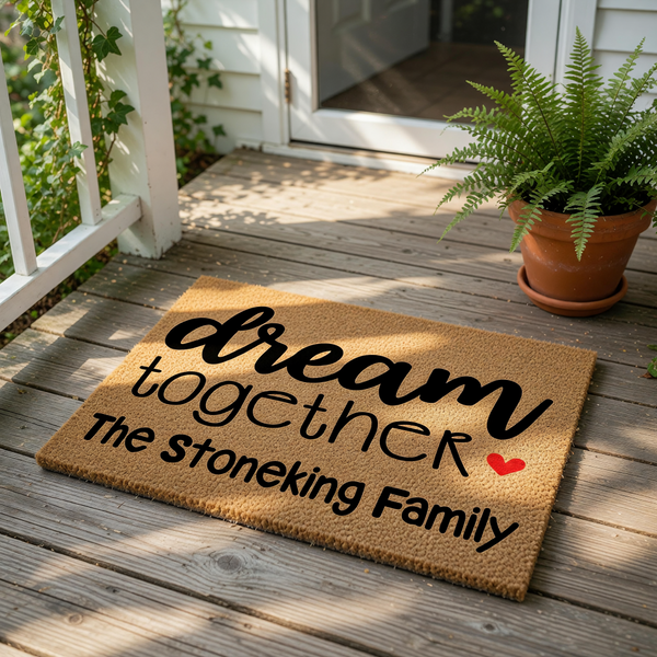 Personalized family name doormat featuring the phrase dream together in black script on a natural coir welcome mat, placed on a wood porch with a potted fern, creating a stylish custom housewarming entrance decor for any home.