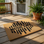 Music Life doormat featuring a black sound wave graphic on a natural coir fiber welcome mat, perfect for a musician home entrance or music room decor, this durable outdoor floor mat adds a stylish touch to any entryway or porch.